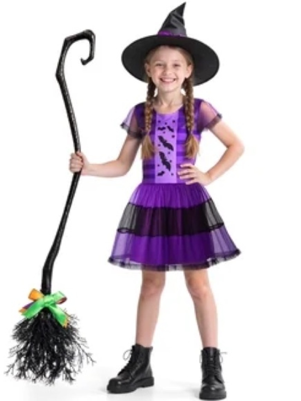 NWT Kids Medium (5/6) Purple Witch Costume Dress with Hat and Broom